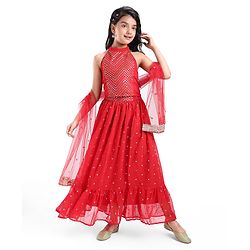 Pine Kids Woven Sleeveless Sequined & Embroidered Choli Lehenga Set with Dupatta - Red