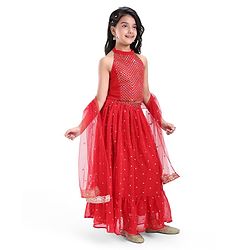 Pine Kids Woven Sleeveless Sequined & Embroidered Choli Lehenga Set with Dupatta - Red