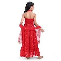 Pine Kids Woven Sleeveless Sequined & Embroidered Choli Lehenga Set with Dupatta - Red