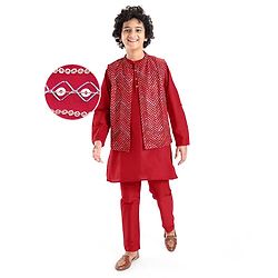 Pine Kids Woven Full Sleeves Solid Color Kurta Pajama Set With Sequinned Detailing Jacket  - Red