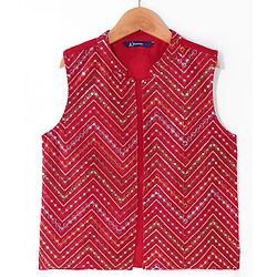Pine Kids Woven Full Sleeves Solid Color Kurta Pajama Set With Sequinned Detailing Jacket  - Red