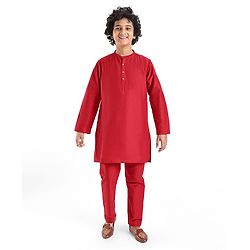 Pine Kids Woven Full Sleeves Solid Color Kurta Pajama Set With Sequinned Detailing Jacket  - Red