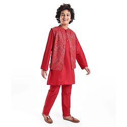 Pine Kids Woven Full Sleeves Solid Color Kurta Pajama Set With Sequinned Detailing Jacket  - Red