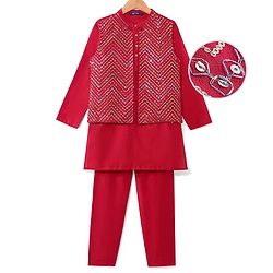Pine Kids Woven Full Sleeves Solid Color Kurta Pajama Set With Sequinned Detailing Jacket  - Red