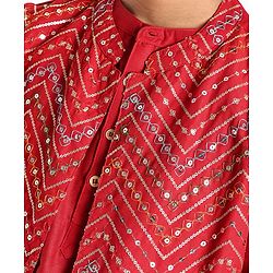 Pine Kids Woven Full Sleeves Solid Color Kurta Pajama Set With Sequinned Detailing Jacket  - Red