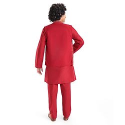 Pine Kids Woven Full Sleeves Solid Color Kurta Pajama Set With Sequinned Detailing Jacket  - Red