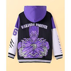 Pine Kids Marvel Terry Knit Full Sleeves Hooded Sweatjacket with Front & Back Black Panther Graphics & Pocket Detailing - Purple & Black