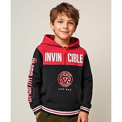 Pine Kids Marvel Terry Knit Full Sleeves Hooded Sweatshirt With Iron Man Graphics - Black & Red