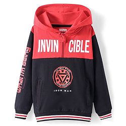 Pine Kids Marvel Terry Knit Full Sleeves Hooded Sweatshirt With Iron Man Graphics - Black & Red