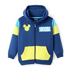 Pine Kids Disney Terry Knit Full Sleeves Hooded Front Open Sweatjacket with Front & Back Mickey Mouse Graphics - Navy Blue