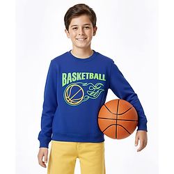 Pine Kids Cotton Knit Full Sleeves Sweatshirt with Basketball Print - Blue