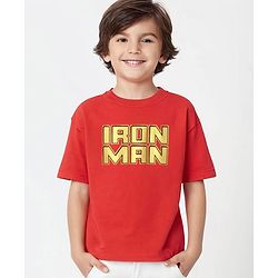 Pine Kids Marvel Terry Knit  Half Sleeves Oversized T-Shirt With Iron Man Graphic and Metallic Effect - Red