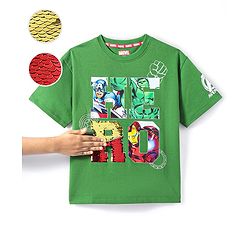 Pine Kids Marvel Terry Knit Half Drop Shoulder Sleeves T-Shirts with Avengers Graphics & Reversible Sequins Detailing - Green