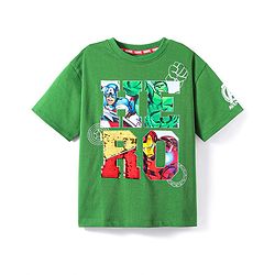 Pine Kids Marvel Terry Knit Half Drop Shoulder Sleeves T-Shirts with Avengers Graphics & Reversible Sequins Detailing - Green