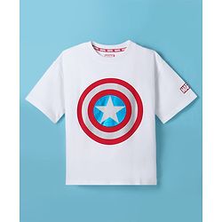 Pine Kids Marvel Terry Knit Half Sleeves T-Shirt With Foil Captain America Shield Print - White