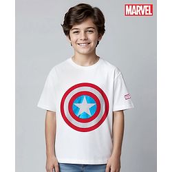 Pine Kids Marvel Terry Knit Half Sleeves T-Shirt With Foil Captain America Shield Print - White