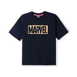 Pine Kids Marvel Terry Knit Half Sleeves Oversized T-Shirt With Marvel Graphic & Textured Foil Print Detailing - Black