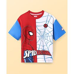 Pine Kids Marvel Terry Knit Drop Shoulder Sleeves T-Shirt with Spider Man Graphic and Patch - Red