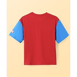 Pine Kids Marvel Terry Knit Drop Shoulder Sleeves T-Shirt with Spider Man Graphic and Patch - Red