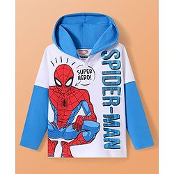 Pine Kids Marvel Terry Knit Full Doctor Sleeves Hooded T-Shirt with Spider Man Graphic & HD Foil Print Detailing - White & Blue