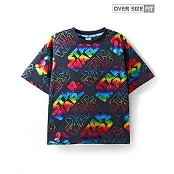 Pine Kids Lucas Terry Knit Half Sleeves Oversized Light Weight T-Shirt With Star Wars Graphics & Holographic Print - Black