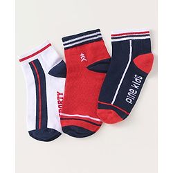 Pine Kids Knit Ankle Length Socks with Brand Name Design & Stripes Pack of 3 (Color May Vary)