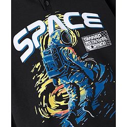 Pine Kids Cotton Knit Full Sleeves Hooded Sweatshirt with Space Theme Print - Black