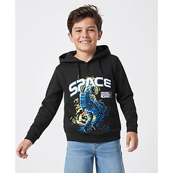Pine Kids Cotton Knit Full Sleeves Hooded Sweatshirt with Space Theme Print - Black