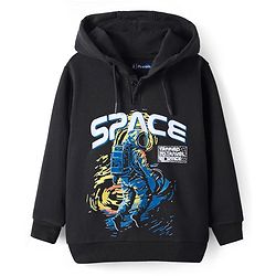 Pine Kids Cotton Knit Full Sleeves Hooded Sweatshirt with Space Theme Print - Black