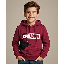 Pine Kids Cotton Knit Full Sleeves Cut & Sew Design Hooded Sweatshirt with Text Print - Maroon