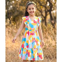Pine Kids Viscose Woven Frill Sleeves Frock With Abstract Print - Multicolor