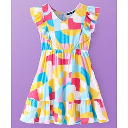 Pine Kids Viscose Woven Frill Sleeves Frock With Abstract Print - Multicolor