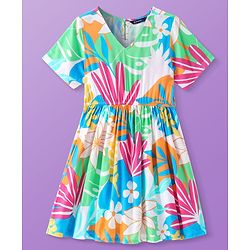 Pine Kids Viscose Woven Half Sleeves Frock With Floral Print - Multicolor