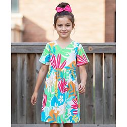 Pine Kids Viscose Woven Half Sleeves Frock With Floral Print - Multicolor
