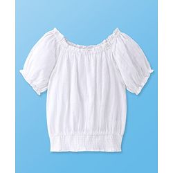 Pine Kids Cotton Woven Puffed Sleeves Smocking Embroidered Top -White