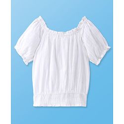 Pine Kids Cotton Woven Puffed Sleeves Smocking Embroidered Top -White