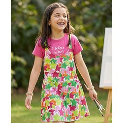 Pine Kids Cotton Knit Sleeveless Star Printed Frock With Text Printed Inner Tee - Dark Pink