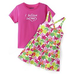 Pine Kids Cotton Knit Sleeveless Star Printed Frock With Text Printed Inner Tee - Dark Pink