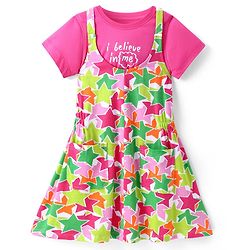 Pine Kids Cotton Knit Sleeveless Star Printed Frock With Text Printed Inner Tee - Dark Pink