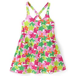 Pine Kids Cotton Knit Sleeveless Star Printed Frock With Text Printed Inner Tee - Dark Pink