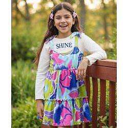 Pine Kids Cotton Knit Floral Printed Frock With Full Sleeves Inner Tee - White