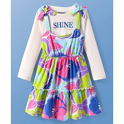 Pine Kids Cotton Knit Floral Printed Frock With Full Sleeves Inner Tee - White