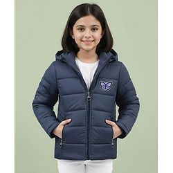 Pine Kids Woven Full Sleeves Padded Hooded Jacket With Butterfly Patch Applique - Navy Blue