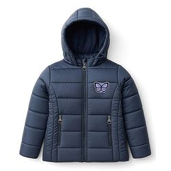 Pine Kids Woven Full Sleeves Padded Hooded Jacket With Butterfly Patch Applique - Navy Blue