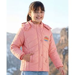 Pine Kids Woven Full Sleeves Front Open Padded Hooded Jacket with Rainbow Patch Detailing - Dusty Pink