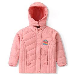 Pine Kids Woven Full Sleeves Front Open Padded Hooded Jacket with Rainbow Patch Detailing - Dusty Pink