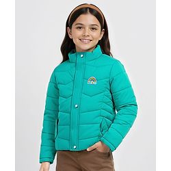 Pine Kids Woven Full Sleeves High Neck Front Open Padded Quilted Jacket With Rainbow Patch Detailing - Green