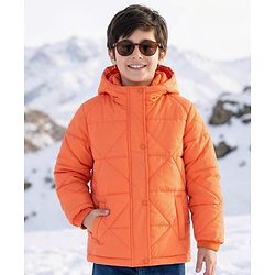 Pine Kids Woven Full Sleeves Front Open Padded Hooded Jacket with Solid Colour - Orange
