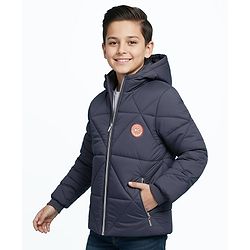 Pine Kids Woven Full Sleeves Front Open Padded Hooded Jacket with Solid Colour & Patch Detailing - Dark Grey