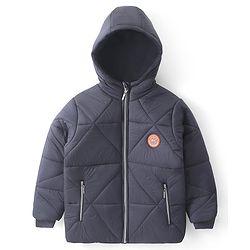 Pine Kids Woven Full Sleeves Front Open Padded Hooded Jacket with Solid Colour & Patch Detailing - Dark Grey